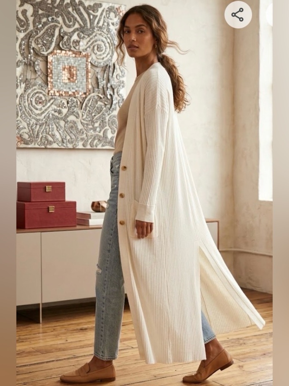 Free People Long Cream Ribbed Button-Front Cardigan Coat